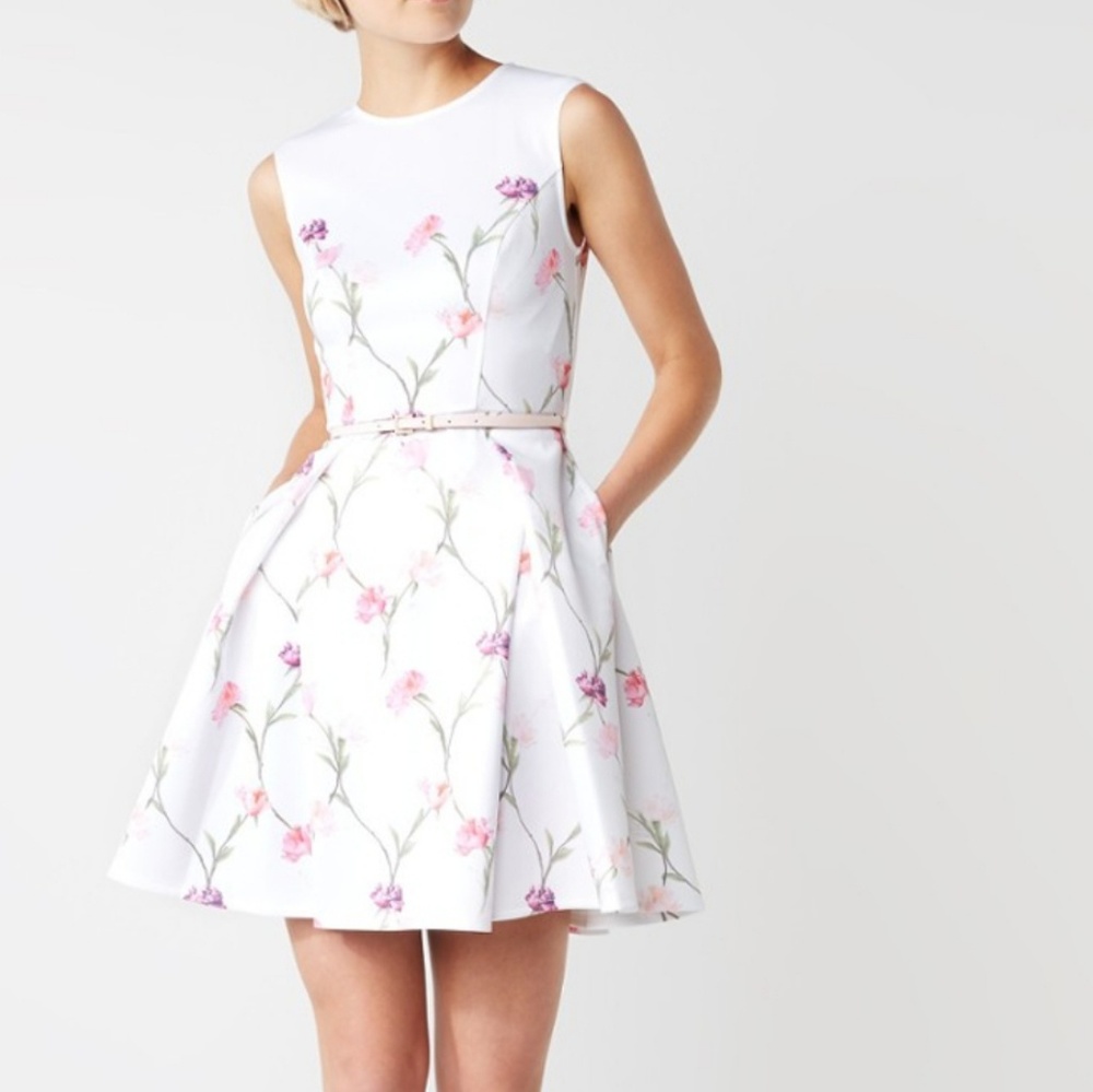 Ted Baker White Floral Fit-and-Flare Dress with Pink & Purple Accents